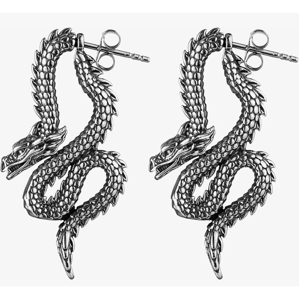 Dragon Earrings Silver Tone Gothic Serpent Hoop Stud Dangle Fantasy Jewelry